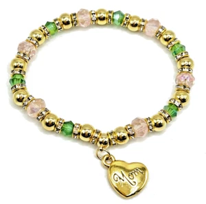 Mother's Day Pink, Green, Gold Glass 7.25" STRETCH Bracelet w Heart "MOM" Charm - Picture 1 of 5