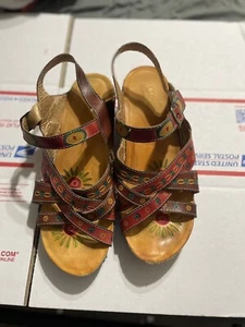 SPRING STEP D-Union Size 40 Women Leather Gipsy Aztec Hippy Boho Wedge Sandals - Picture 1 of 15