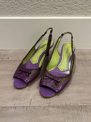De colección Etro Italia Cuero Púrpura Eslinga Trasera Gatito Tacones Zapatos Peep Toe Pin Up Foto 1 de 4
