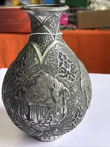 ANTIQUE PERSIAN SILVER COLOR ETCHED VASE ~ TALL MAN W/ SITAR ~ READ DESCRIPTION - Picture 1 of 16