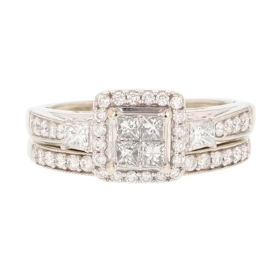 .90ctw Princess Diamond Cluster Halo Wedding Set Rings 10k White Gold Size 8.5 - Image 1 of 4