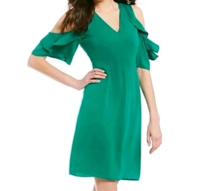 Anthropologie Mika Mindel Dress Cold Shoulder Ruffle Sleeve Green V-Neck Sz 4 - Image 1 of 4