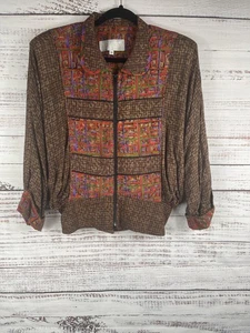 Vintage Platinum Jacket Womens Medium Brown Abstract Zip Up Padded Shoulder 90s - Picture 1 of 8