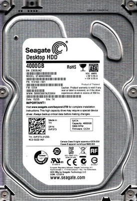 ST4000DM000 P/N: 1F2168-501 F/W: CC54 S/N: Z303 TK 4TB DEC 2014 THAILAND SEAGATE - Image 1 of 2