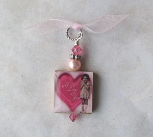 I Love You Pendant Altered Art VTG Charm Girl Big Pink Heart Valentine Art - Picture 1 of 1