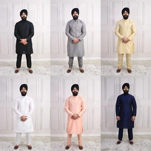 6 COLORES - Pijama Nehru Kurta Para Hombre Seda Cruda Indio Punjabi Asiático Jago Sangeet - Imagen 1 de 54
