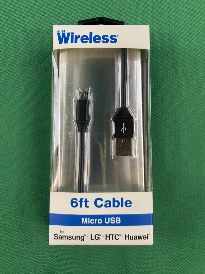NEW Just Wireless 6 ft Micro USB Cable- Black Wire-Samsung, LG, HTC, Huawei - Image 1 of 2
