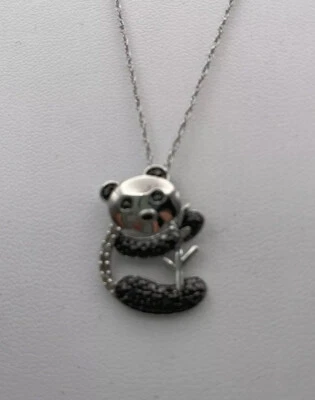 BLACK & WHITE DIAMOND PANDA BEAR STERLING SILVER NECKLACE 18 INCHES. C15 - Image 1 of 4