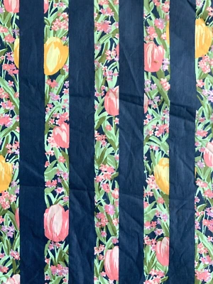 Vintage Cotton Chintz Fabric PINK Yellow TULIPS Blue Stripe 2.33 yds x 76 - Image 1 of 4