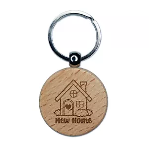 Sweet Adorable New Home Engraved Wood Round Keychain Tag Charm - Picture 1 of 6