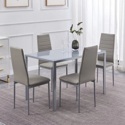 Set of 5 Grey Tempered Glass Dining Table & 4pcs Grey PU Leather Dining Chairs - Image 1 of 4