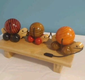 Maya Organic Wooden Turtles Pull Toy Handmade with Rotating Ball Shell Snails - Picture 1 of 16