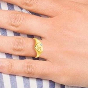 Personalized Real Diamond 14K Real Gold White Heart Custom Initial Signet Ring - Picture 1 of 19