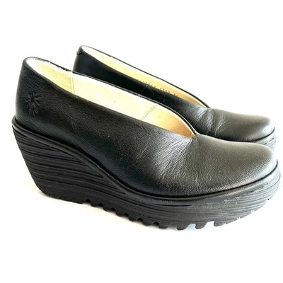 Fly London Zapatos Cuña Mujer 36 Yaz Brillo Negro Cuero Slip On Plataforma Tacón Foto 1 de 4