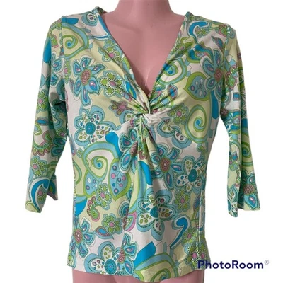 Daisy Fuentes Top Blouse Womens Medium Blue Green Printed Knot Front V Neck - Image 1 of 4