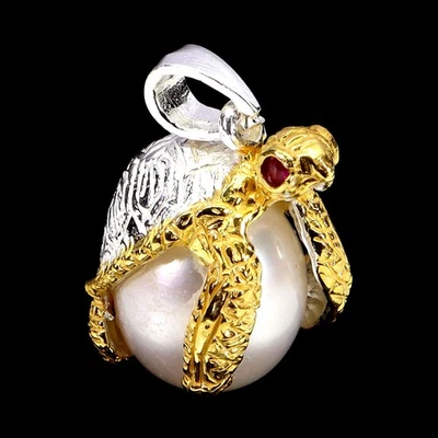 925 Pendente Argento Sterling Rotondo Rubino Perla Naturale Gemma Tartaruga - Immagine 1 di 4