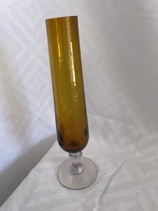 Vtg Amber Glass Hand Blown Bud Vase Etched Floral Clear Pedestal 7” Tall - Picture 1 of 9