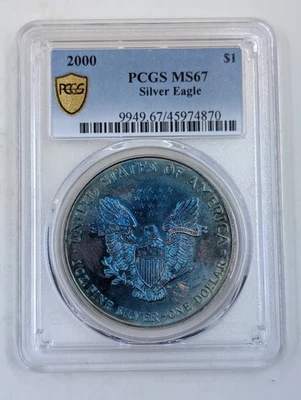 2000 PCGS MS67 ASE American Silver Eagle Double Side Monster Toned Blue/Green - Image 1 of 4