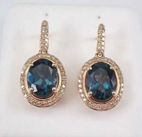 4Ct Oval Cut London Blue Topaz Diamond Drop-Dangle Earrings 14K Rose Gold Finish - Image 1 of 4