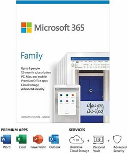 Microsoft Office 365 Home Family 1 Yr Subscription - 6 Users PC/Mac/Phone Retail