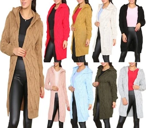 Womens Chunky Cable Knitted Hooded Cardigan Ladies Long Sleeve Oversized Jumper - Picture 1 of 35