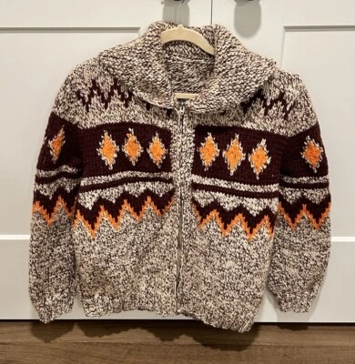 Cárdigan de Colección Años 50 Estilo Cowichan Mary Maxim Lana Tejido Pesado Cremallera Relámpago Chevron Foto 1 de 4