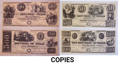 LOT of FOUR, $20,$50,$100,$500,1840,REPUBLIC OF TEXAS DOLLARS REPRO BANK NOTES - Image 1 of 2