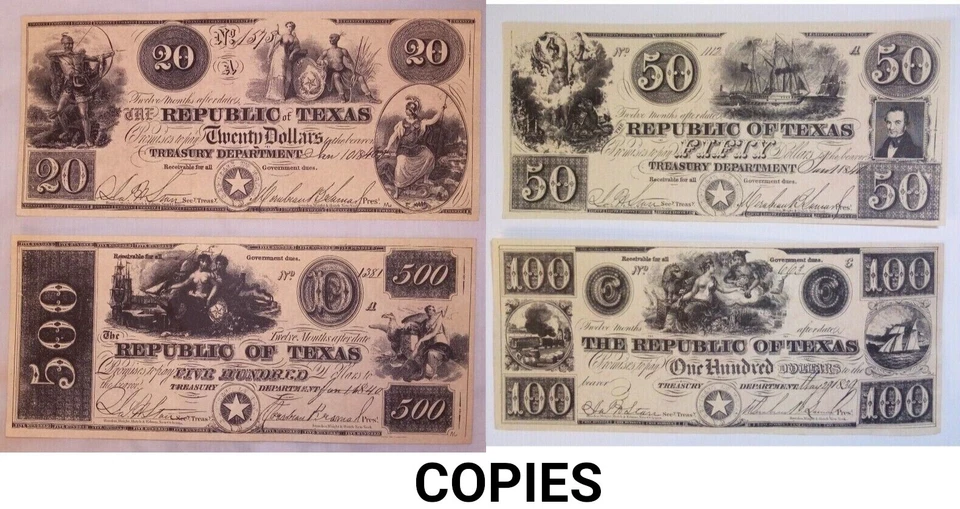 LOT of FOUR, $20,$50,$100,$500,1840,REPUBLIC OF TEXAS DOLLARS REPRO BANK NOTES - Image 1 of 2
