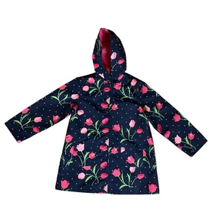 Gymboree Hooded Jacket Girls Small Navy Pink Tulips Spring Polka Dots Lined - Picture 1 of 7