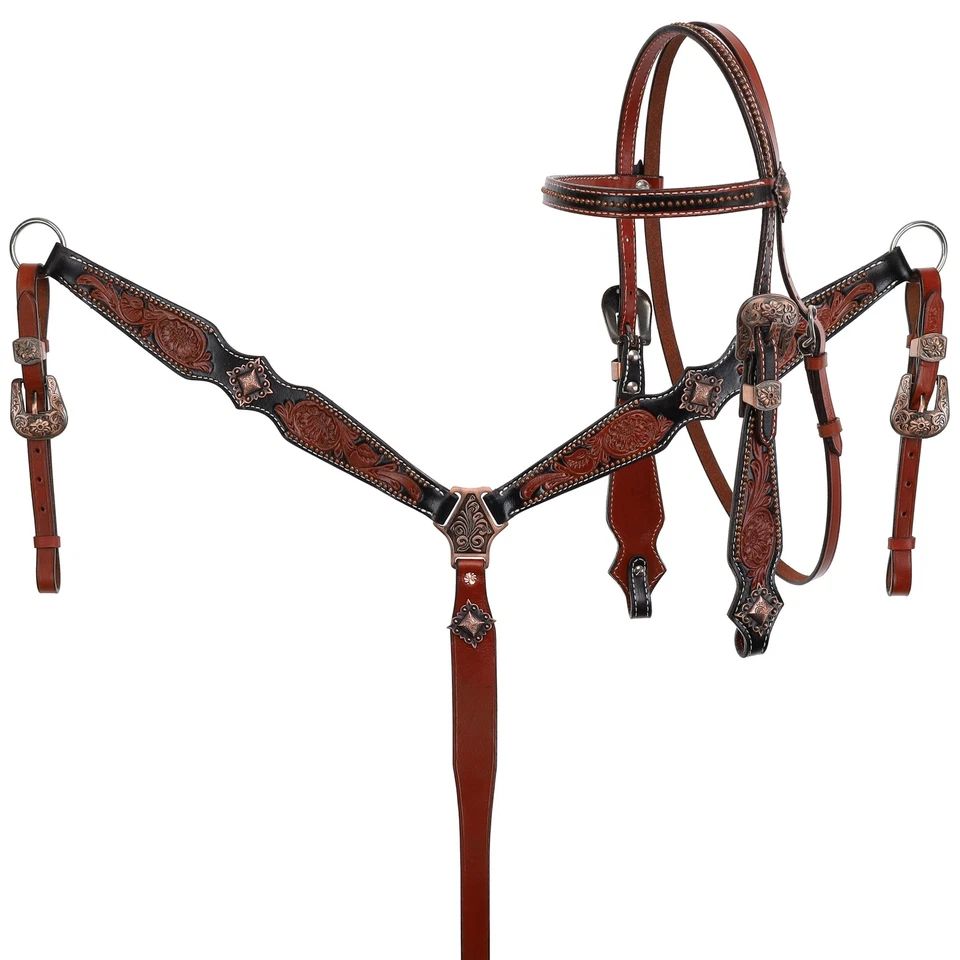 Showman Double Stitched Medium Leather Headstall and Breast Collar Set