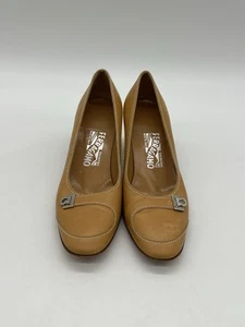Salvatore Ferragamo Women 7B Tan Camel Leather Fresia Pumps Silver Hardware Shoe - Picture 1 of 14