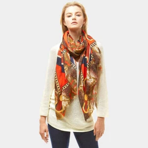 Bufanda naranja, rosa, verde, taupe, azul multicolor piel de serpiente y estampado de cadena - Imagen 1 de 6