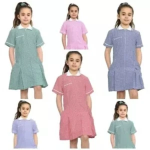 Summer Dress School Uniform Gingham Pleated Check Matching Hair Band In 7 Colors - Picture 1 of 44