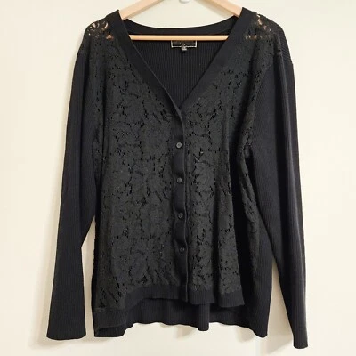 Kathy Ireland Black Button Down Ribbed Lace Stretch Women Top Sz 1X Classic Chic - Image 1 of 4