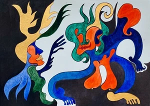 ORIGINAL watercolor painting artwork from artist signed modernism art - Picture 1 of 3