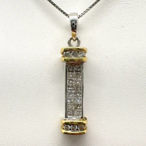 14k White & Yellow Gold Diamond Princess Cut Channel-Set Bar Pendant Necklace - Picture 1 of 9