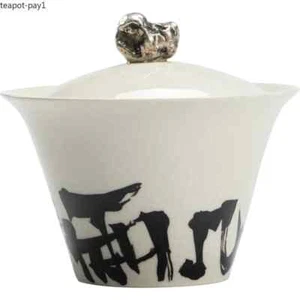 Handwriting Broken Silver Gilt Silver Tea Bowl Grass Wood Ash Single Cup Gaiwan - Picture 1 of 10