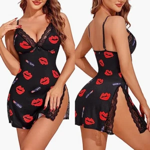 Women's Sexy V-neck Sleepwear Full Slip Dress Babydoll Side Slit Nightdress Gift - Picture 1 of 7