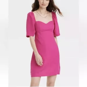 Damen A New Day Puff Ärmel Leinenmischung Kleid dunkelrosa Magenta L - Bild 1 von 14
