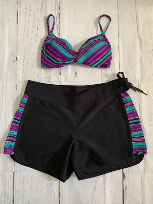 Athleta Santa Cruz бикини верхний S доска короткие 6 плавать серфинга черный фиолетовый полоски 2 шт. - Изображение 1 из 4