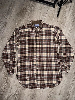Vintage Pendleton Wool Plaid Flannel Shirt Cream Orange Plaid Made In USA Size M - Image 1 of 4