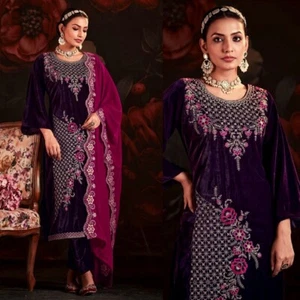 DK PURPLE VELVET w EMBR INDIAN PAKISTANI READYMADE SALWAR KAMEEZ SUIT LADIES DEN - Picture 1 of 3