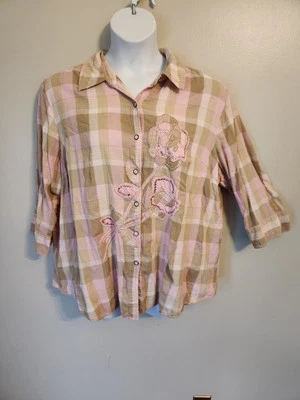 Westbound Woman Plaid Pink Gray White Embroidered Floral Button Up Top 3X - Image 1 of 4
