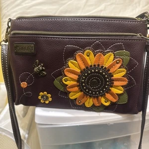 CHALA Plum Color Sunflower Bee Deluxe Crossbody Cell Phone Purse - Picture 1 of 6
