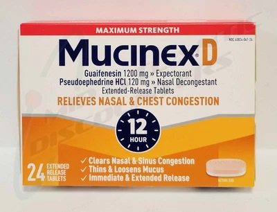 24 CUENTAS Comprimidos expectorantes y descongestionantes nasales Mucinex D 12 horas 1200 mg 12/27 Foto 1 de 3