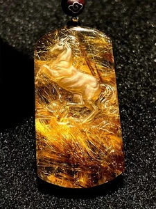 TOP Natural Gold Rutilated Quartz Titanium Carved Crystal Pendant 55*29*11mm - Picture 1 of 6