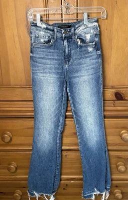 Flying Monkey Jeans Womens 26 Blue High Rise Flare Distressed Stretch Raw Hem - Image 1 of 4