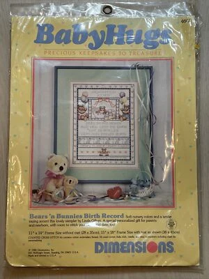Cross Stitch Birth Record Dimensions Baby Hugs Bear Bunnies 11"x14 New - Image 1 of 4