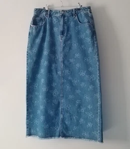 Womens Sportsgirl Blue Floral Print Distressed Maxi Denim Skirt Size 16 NWT - Picture 1 of 9