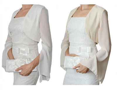 ABEND BOLERO BRAUTSTOLA SEHR EDEL AUS CHIFFON LANGARM WEISS BEIGE  - Bild 1 von 4